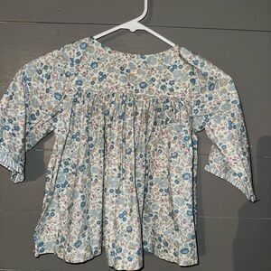 Blue and White Floral Blouse with Smocking Detail